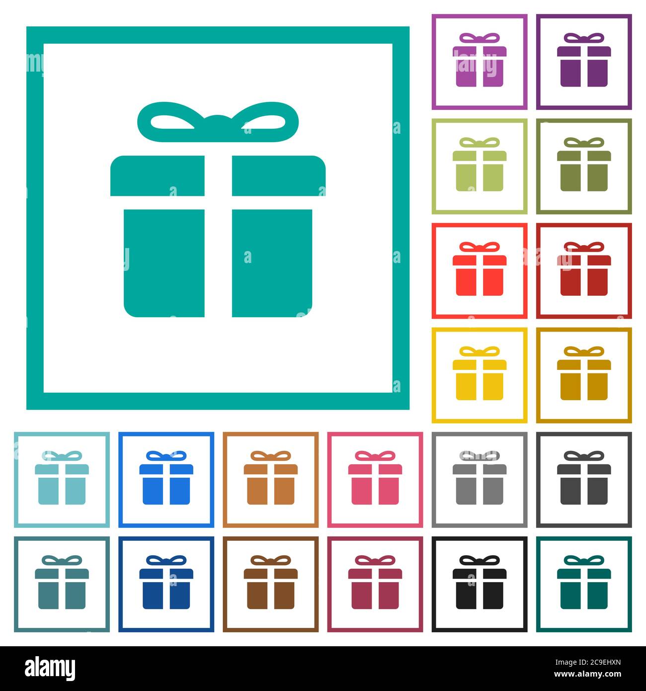 Gift box flat color icons with quadrant frames on white background ...