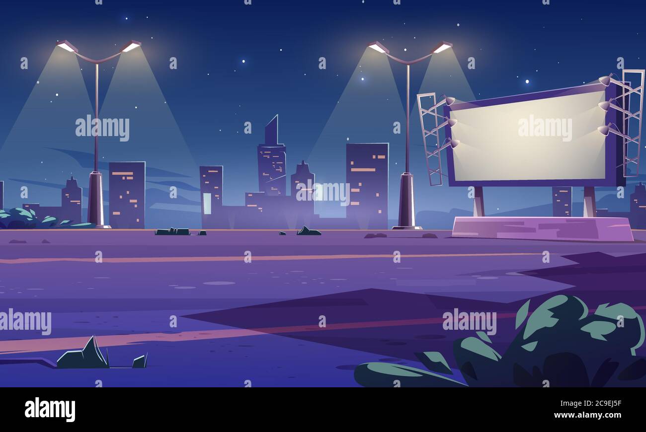 Blank large billboard on street in town at night. Vector cartoon cityscape with empty road, street lights and white advertising bigboard with lamps. Big marketing poster Stock Vector