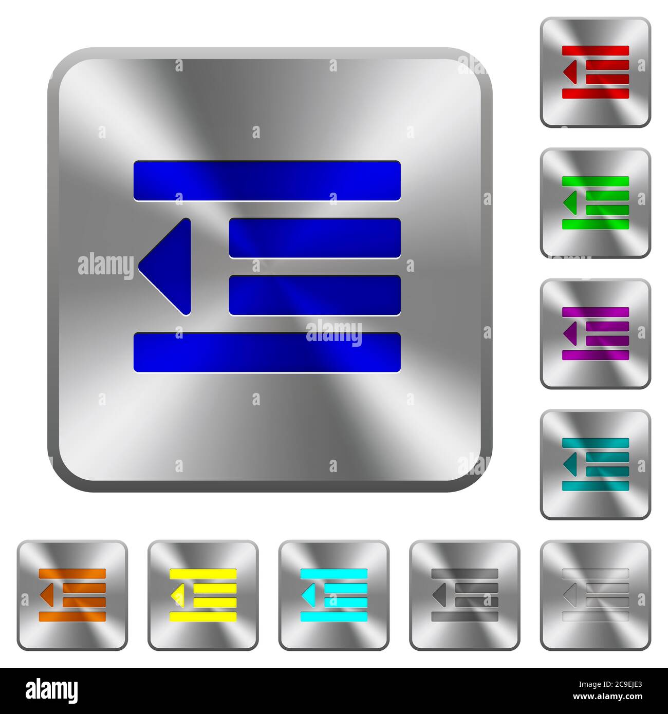 Decrease text indentation engraved icons on rounded square glossy steel buttons Stock Vector
