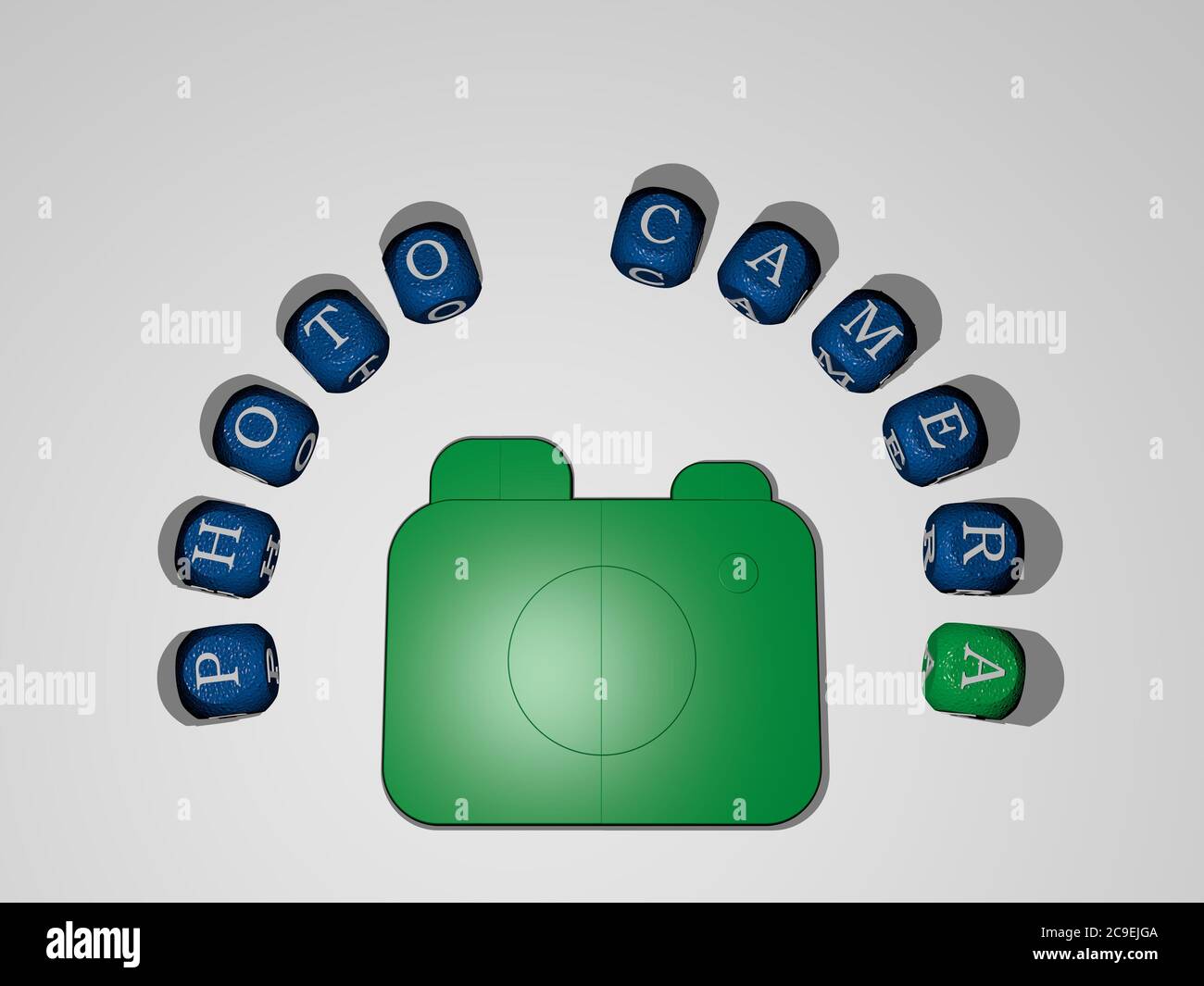 3D graphical image of PHOTO CAMERA vertically along with text built ...