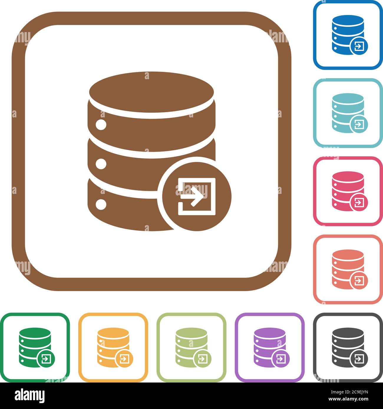 Import database simple icons in color rounded square frames on white background Stock Vector