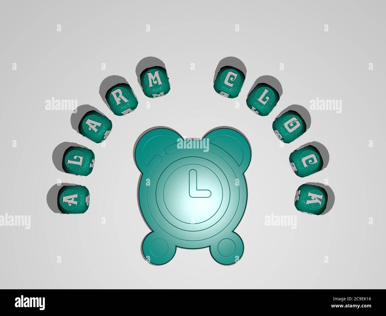 3D illustration of ALARM CLOCK graphics and text around the icon made