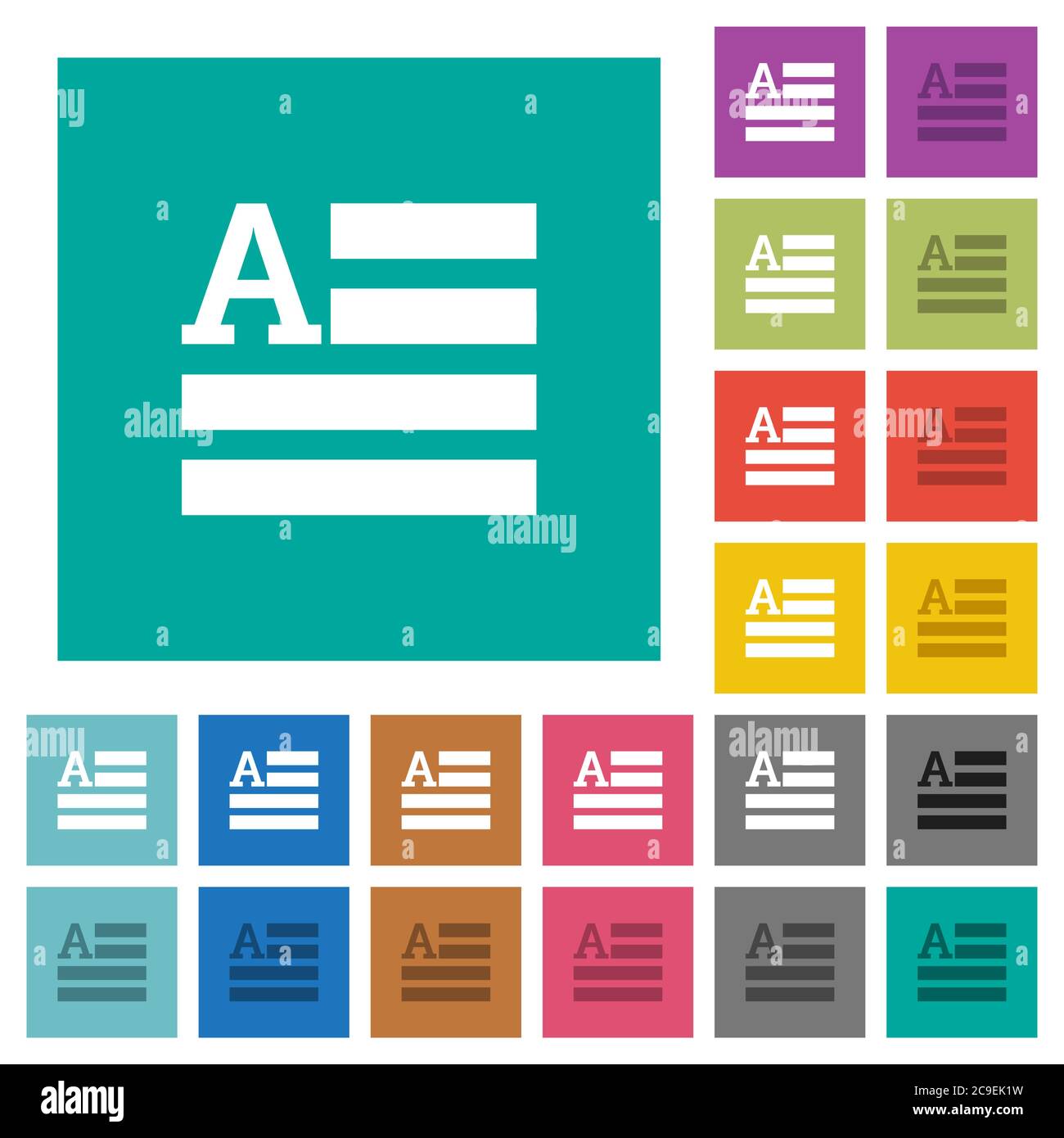 Text initials multi colored flat icons on plain square backgrounds. Included white and darker icon variations for hover or active effects. Stock Vector