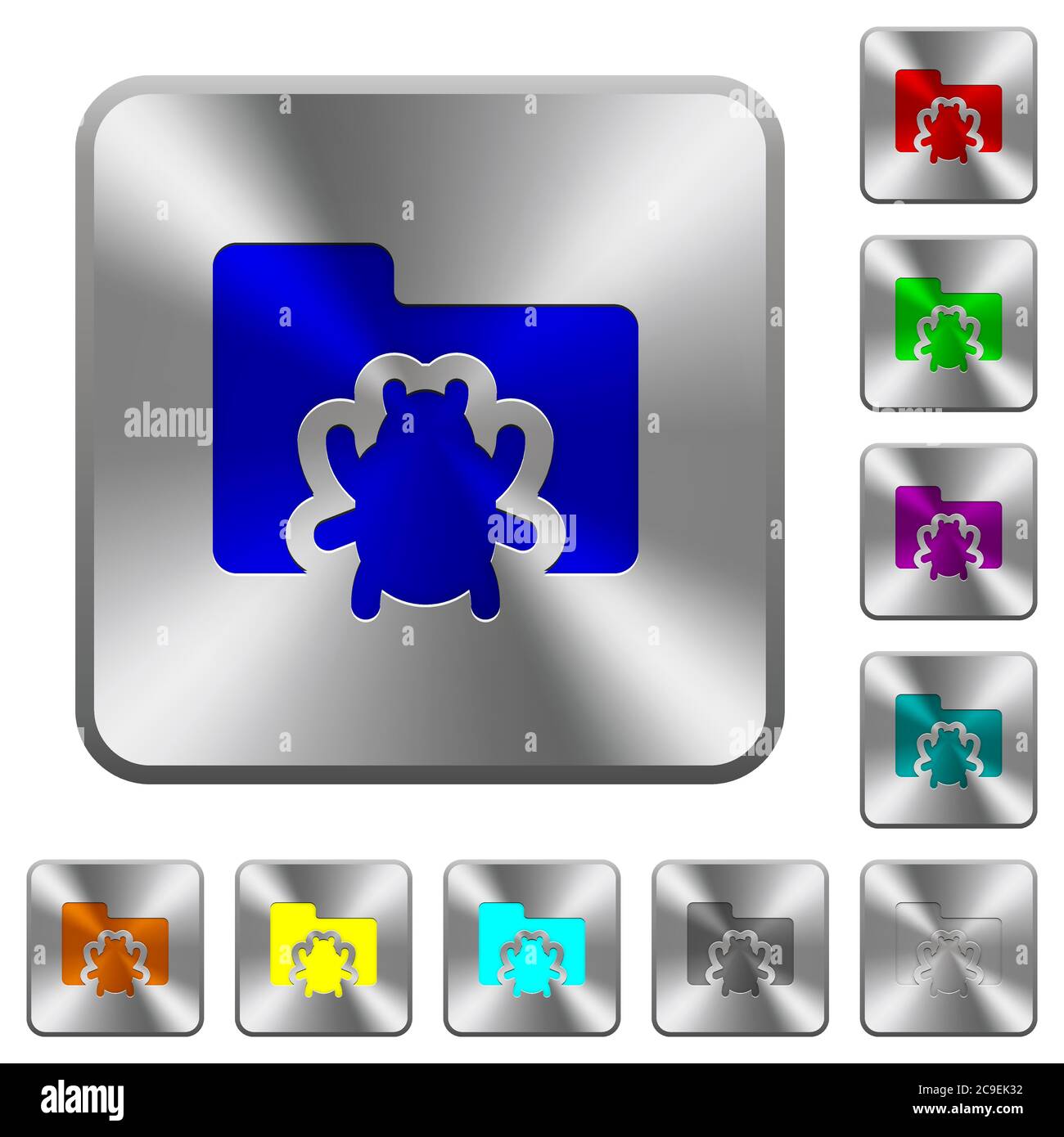 Bug folder engraved icons on rounded square glossy steel buttons Stock Vector