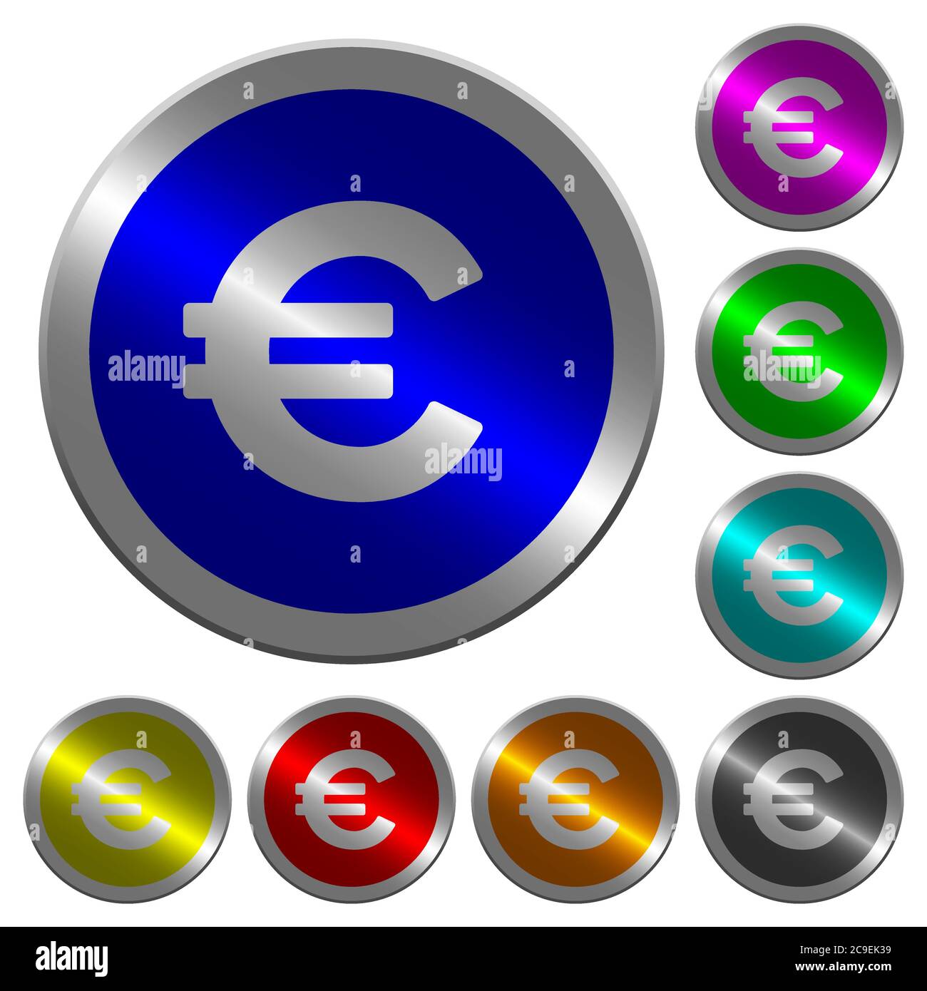 Euro sign icons on round luminous coin-like color steel buttons Stock ...