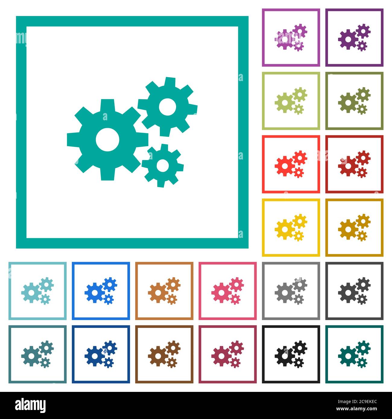 Gears flat color icons with quadrant frames on white background Stock Vector