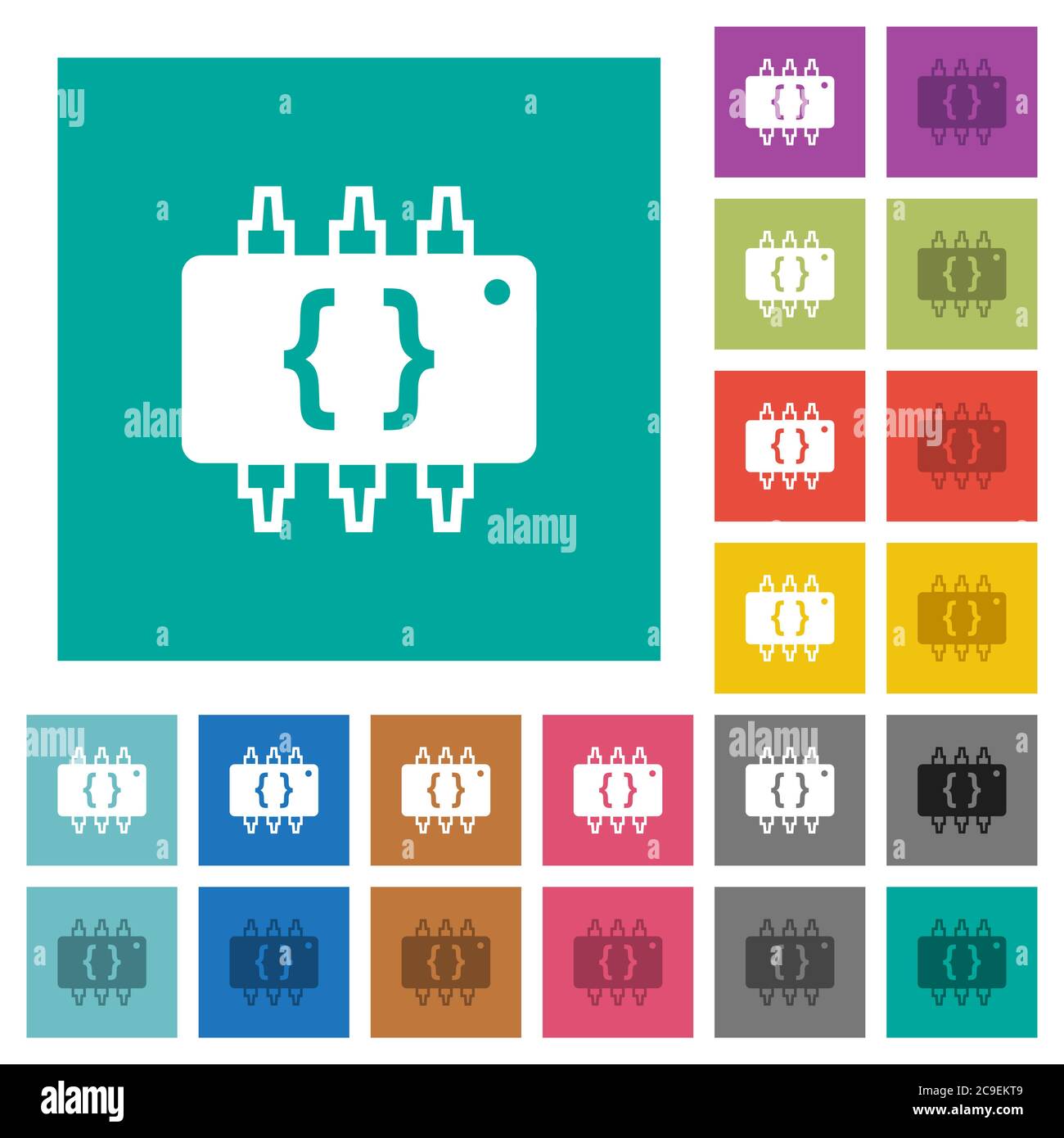 Hardware programming multi colored flat icons on plain square backgrounds. Included white and darker icon variations for hover or active effects. Stock Vector