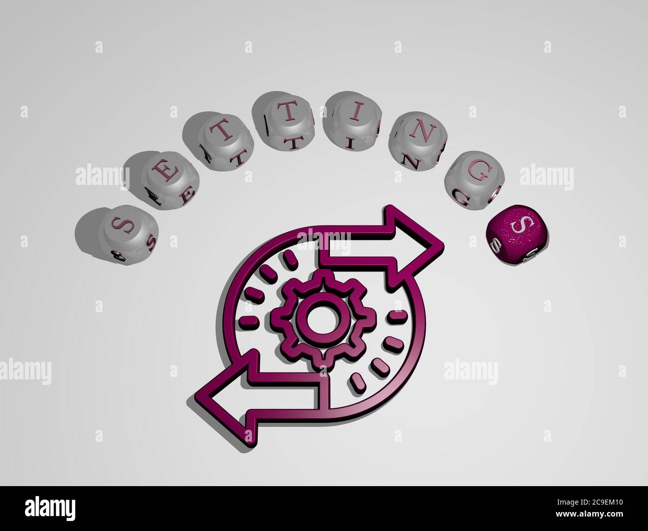 3D representation of SETTINGS with icon on the wall and text arranged ...