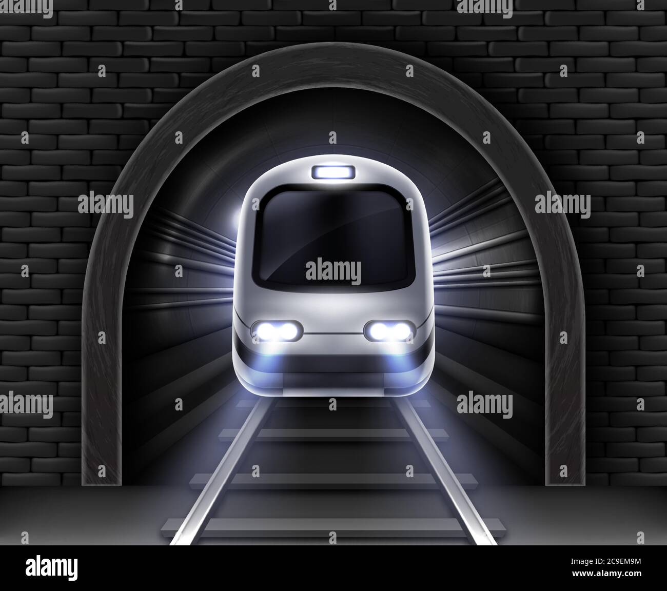 Modern subway train in tunnel. Vector realistic illustration of front wagon of passenger speed train, stone arch in brick wall and rails. Underground electric railway transport Stock Vector