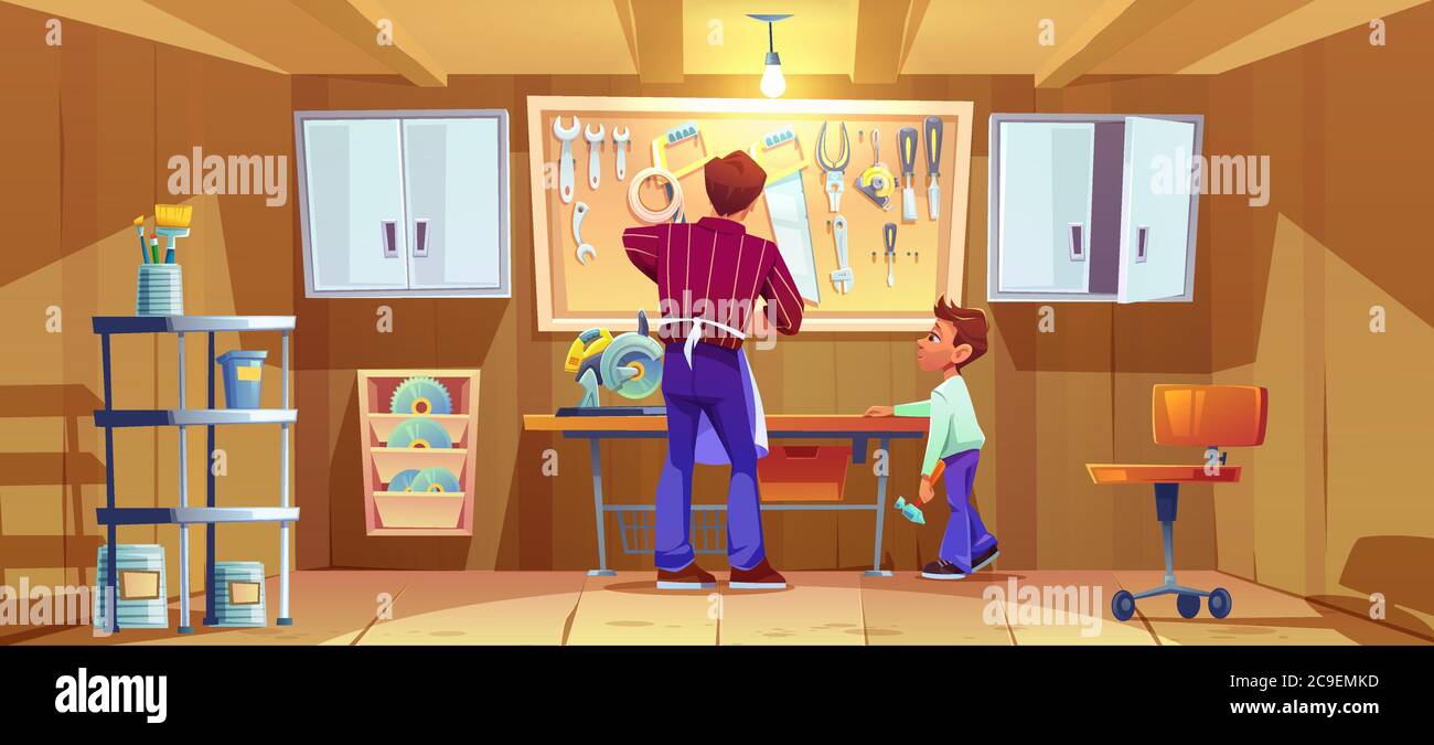 Carpenter and his son do craft or repair on workbench in garage. Vector cartoon illustration of workshop interior with carpentry tools and instruments. Boy with hammer helps father Stock Vector