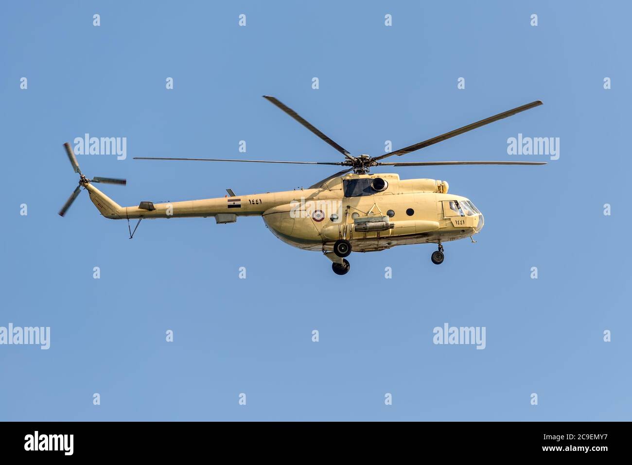 Ismailia, Egypt - November 5, 2017: A Mil Mi-8 Hip helicopter patrolling the Suez Canal in Egypt. Stock Photo