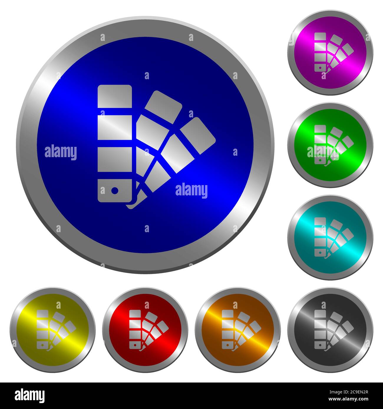 Color swatch icons on round luminous coin-like color steel buttons Stock Vector