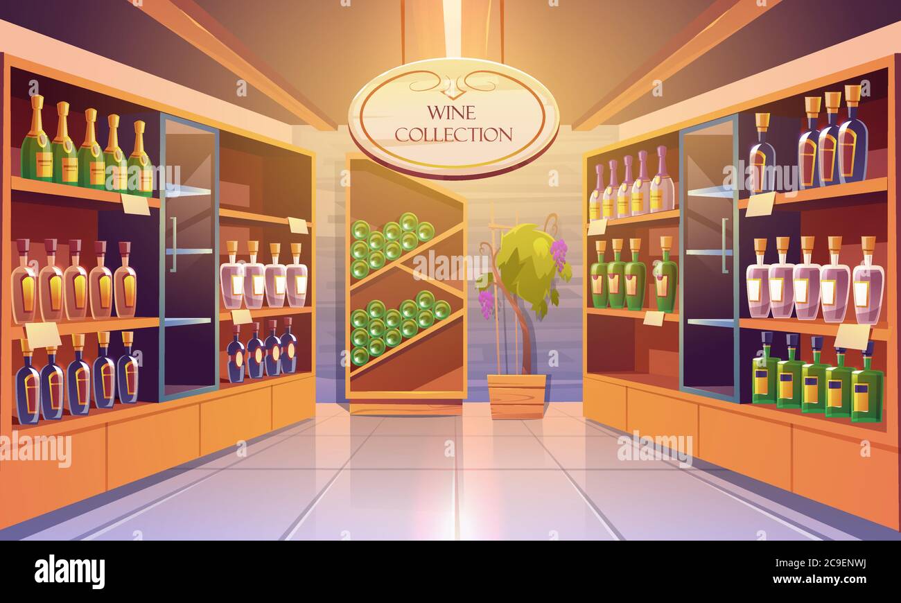 Wine shop, cellar interior with alcohol beverages collection, bottles on wooden shelves. Store in building basement with potted grapes vine, tiled floor and glow lamps. Cartoon vector illustration Stock Vector