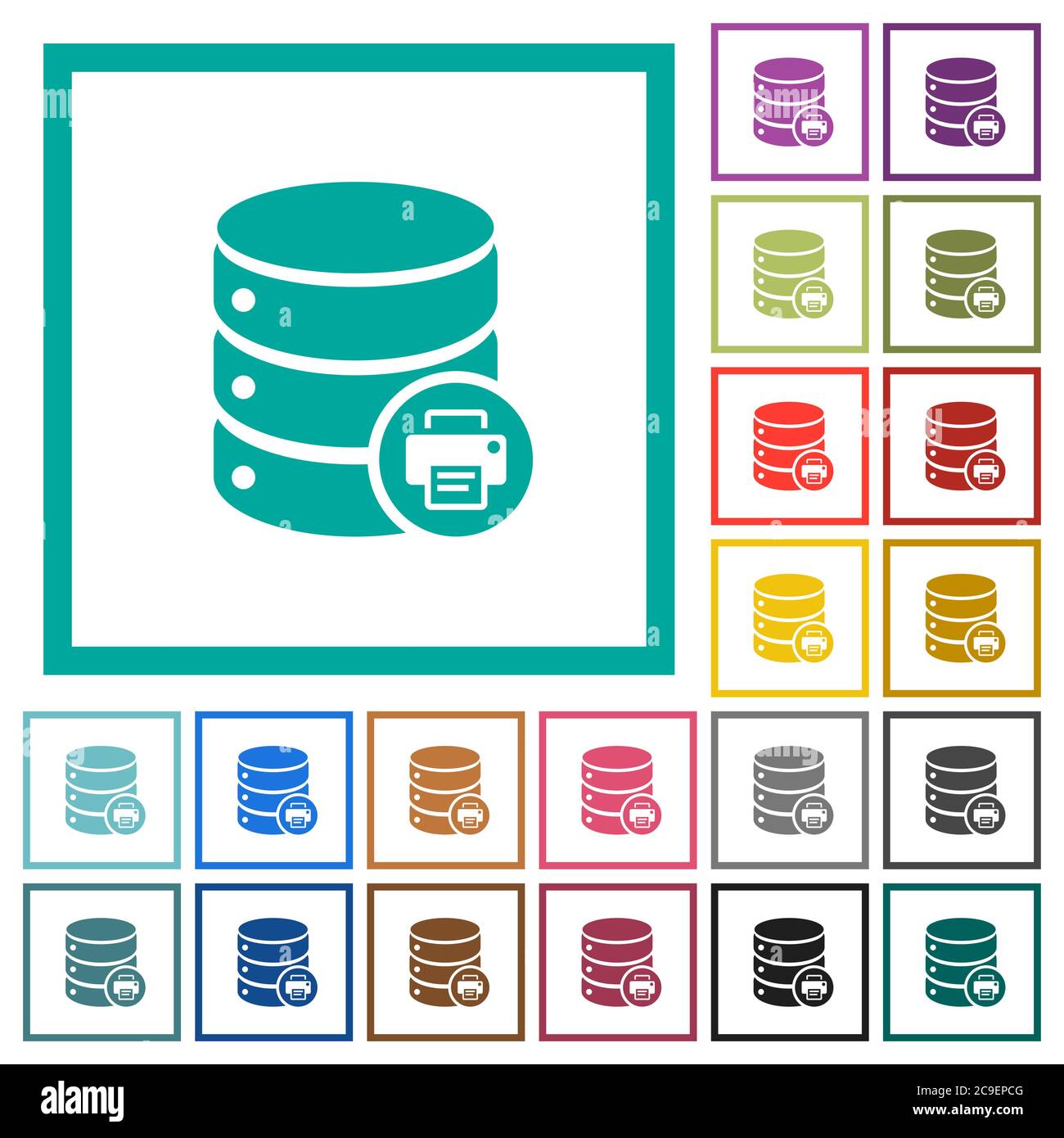 Print Database data flat color icons with quadrant frames on white