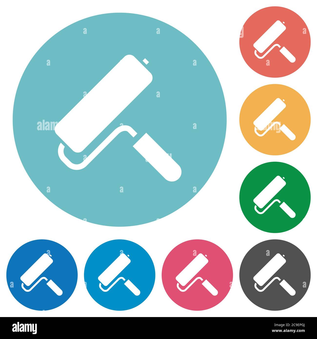 Paint roller flat white icons on round color backgrounds Stock Vector