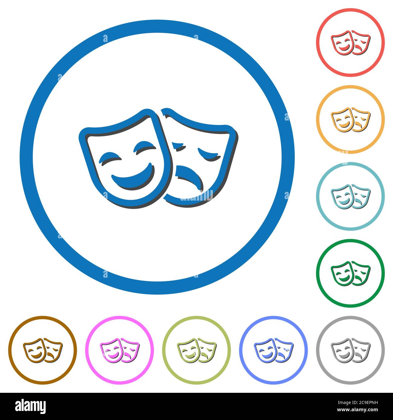 Comedy and tragedy theatrical masks flat color vector icons with ...