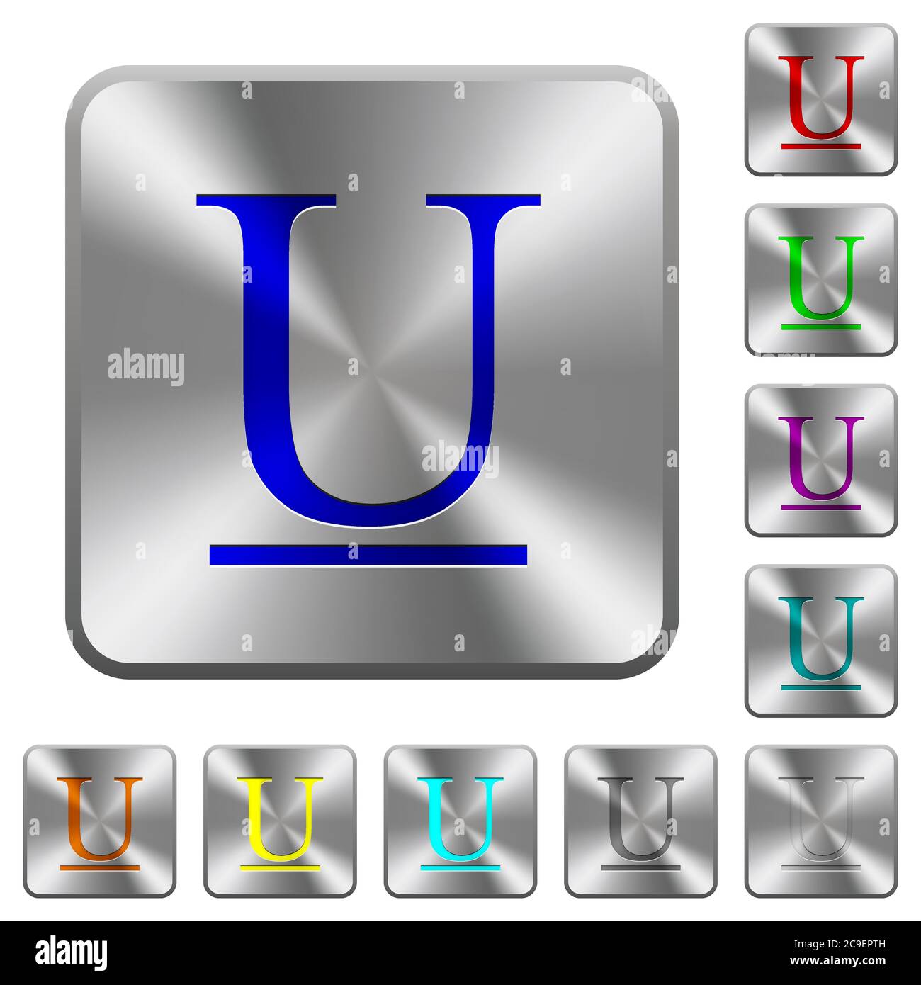 Underlined font type engraved icons on rounded square glossy steel ...