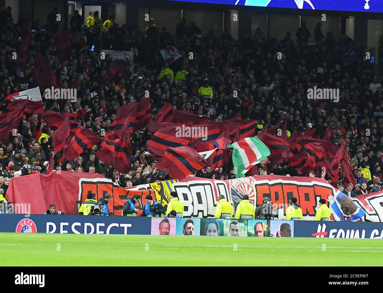 LONDON, ENGLAND - FEBRUARY 19, 2020: RB Leipzig fans pictured ahead of the first leg of the 2019/20 UEFA Champions League Round of 16 game between Tottenham Hotspur FC and RB Leipzig at Tottenham Hotspur Stadium. Stock Photo