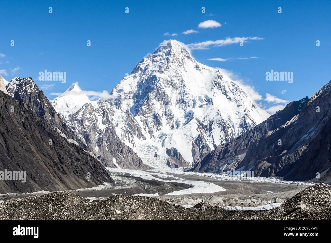 K2 mountain with Angelus peak and Godwin-Austen glacier from Concordia on a clear summer day Stock Photo