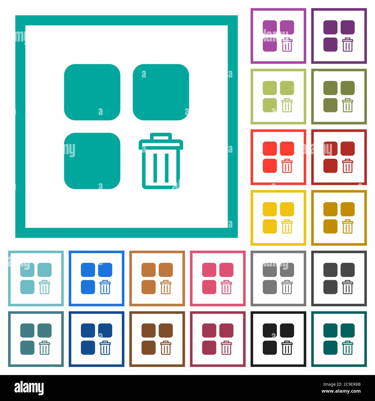 Delete component flat color icons with quadrant frames on white background Stock Vector