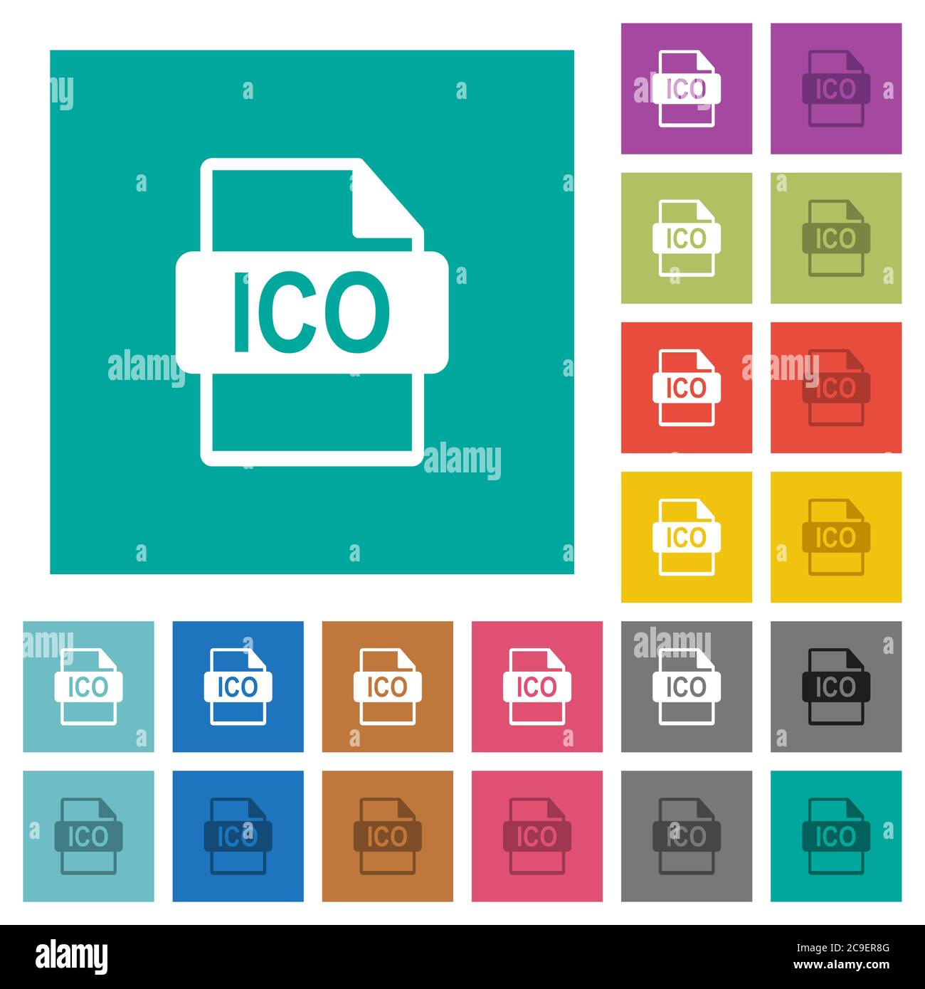 ICO file format multi colored flat icons on plain square backgrounds. Included white and darker icon variations for hover or active effects. Stock Vector