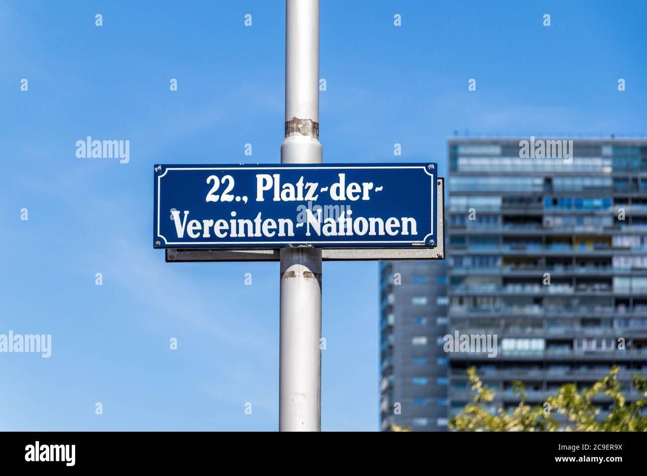 Street Sign of Square of United Nations, ger. Platz-der-Vereinten-Nationen in Danube City, Vienna, Austria, Europe Stock Photo