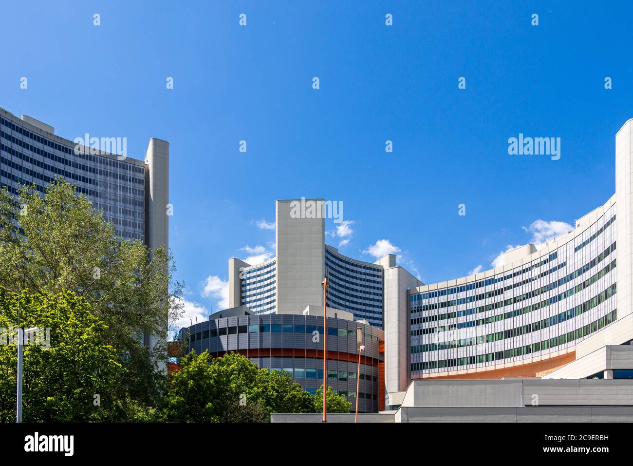 Panoramic View on Buildings of United Nations Organization (UNO), ger. Vereinte Nationen in Danube City, Vienna, Austria, Europe Stock Photo