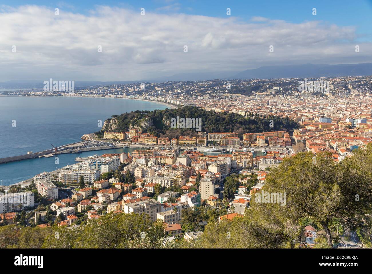 Elevated view from Mont Boron back to Port Lympia, Colline du Chateau and the city centre of Nice, Cote d'Azur, France, Europe Stock Photo