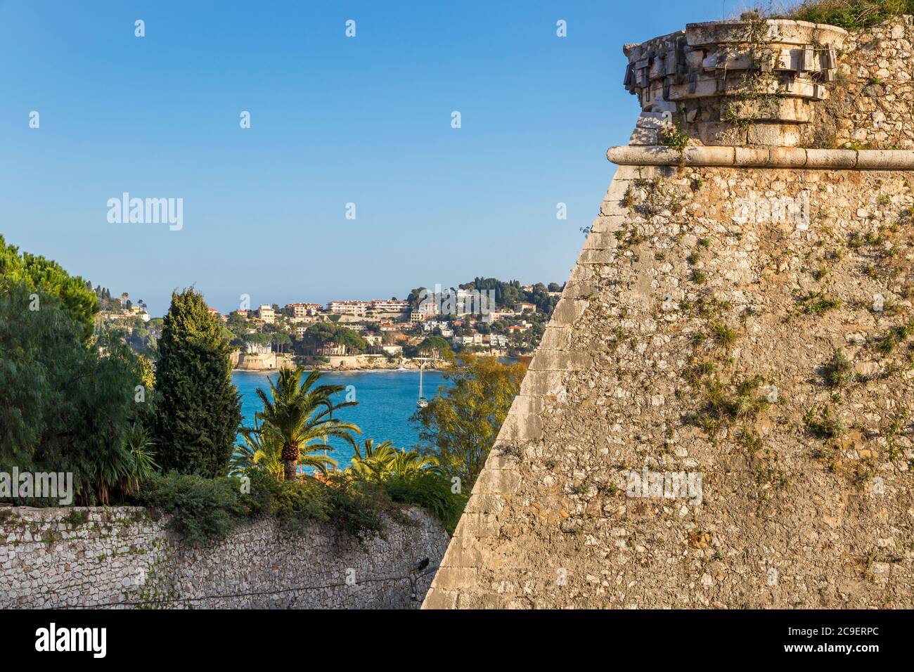 View from the citadel of Villefranche sur Mer over to the Saint Jean - Cap Ferrat Peninsula, Cote d'Azur, France, Europe Stock Photo