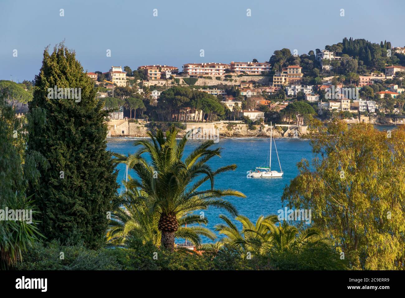 View from Villefranche sur Mer over to the Saint Jean - Cap Ferrat Peninsula, Cote d'Azur, France, Europe Stock Photo