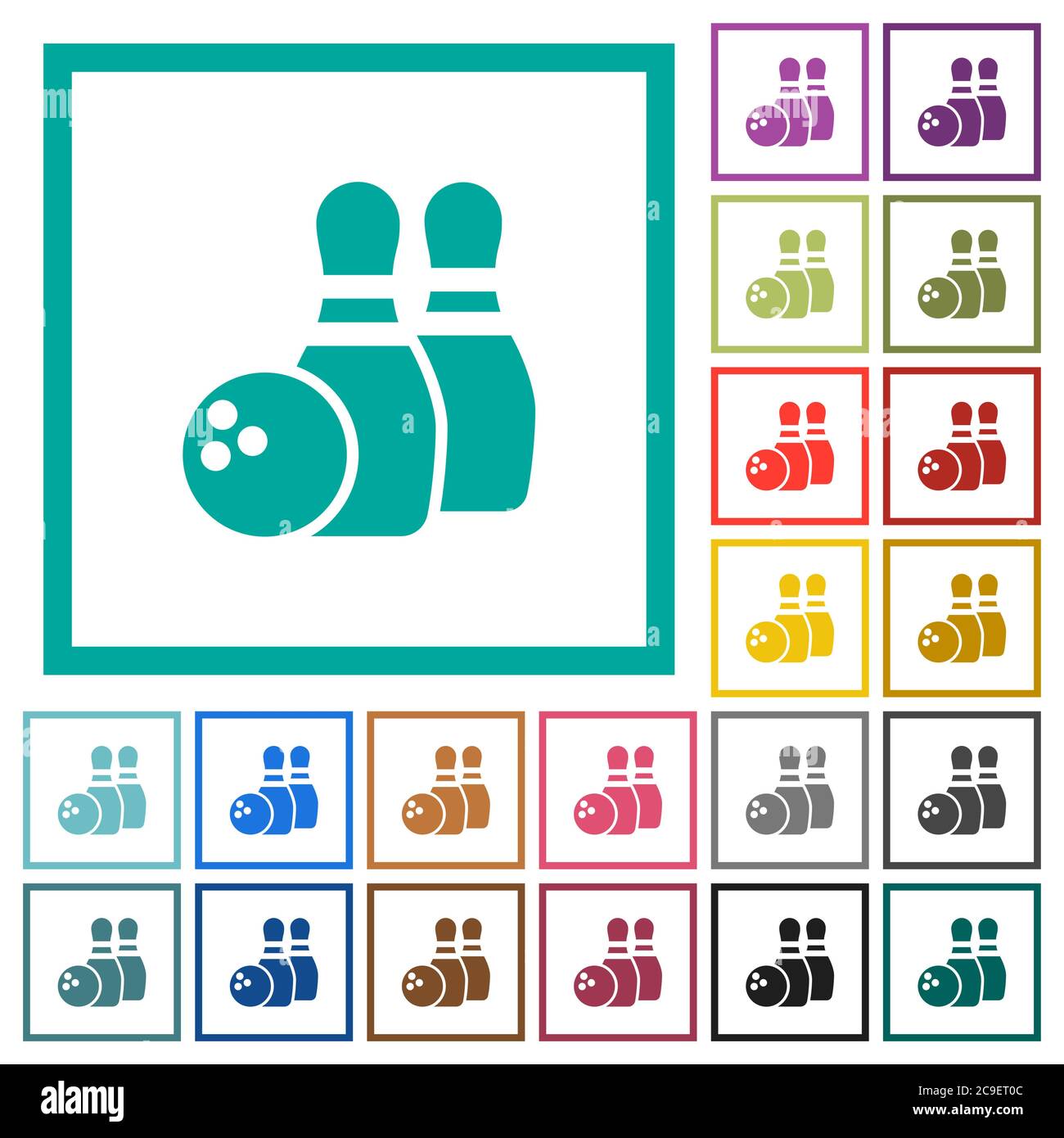 Bowling flat color icons with quadrant frames on white background Stock Vector