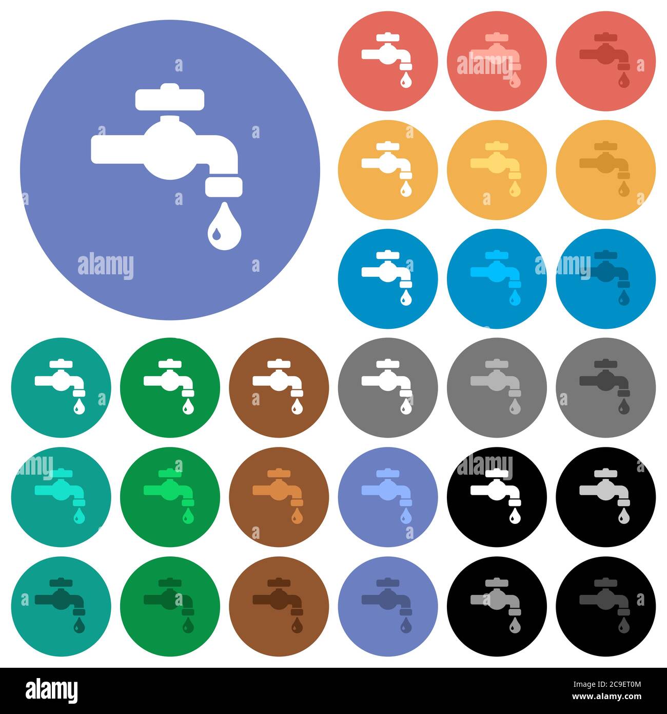 Water faucet with water drop multi colored flat icons on round backgrounds. Included white, light and dark icon variations for hover and active status Stock Vector