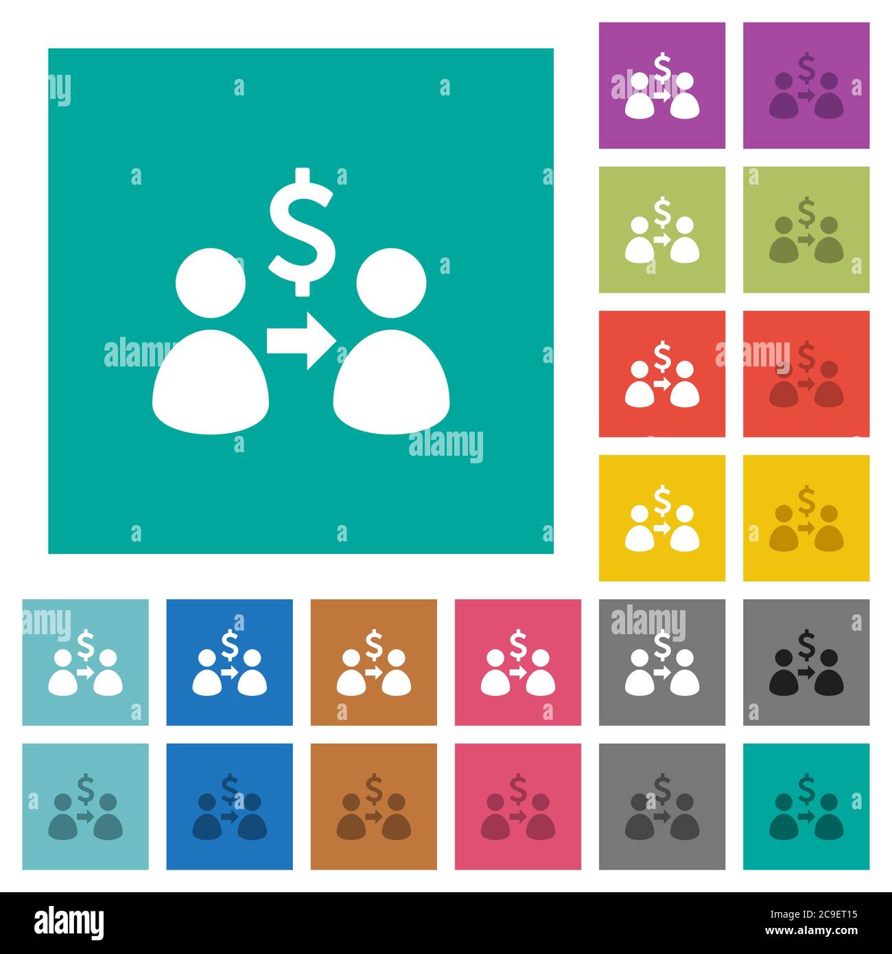 Send dollars multi colored flat icons on plain square backgrounds. Included white and darker icon variations for hover or active effects. Stock Vector