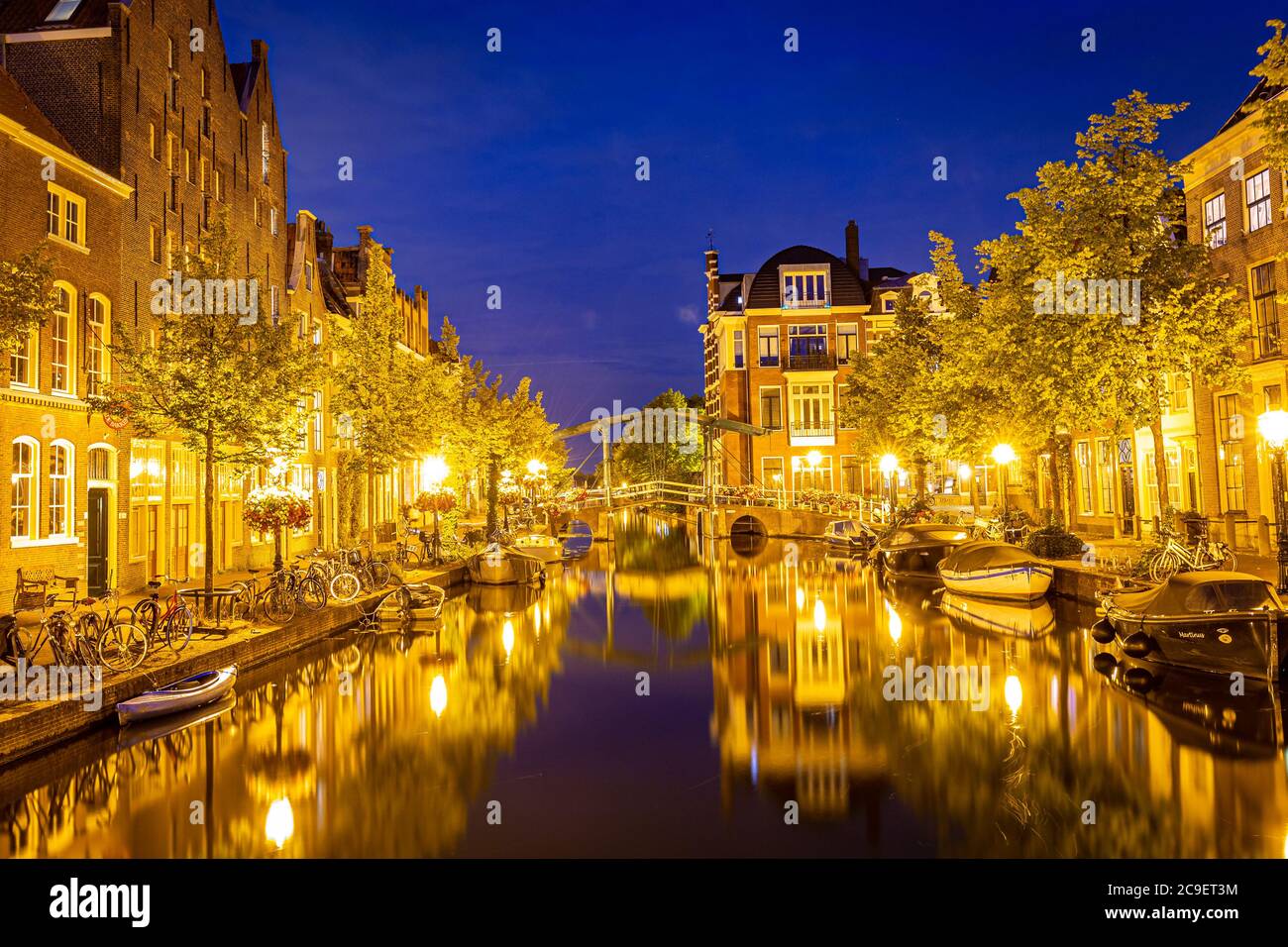 Leiden, Netherlands - July 22, 2020: Cityscape Leiden view Old Rhine with canal, houses and bridge during the summer. Stock Photo