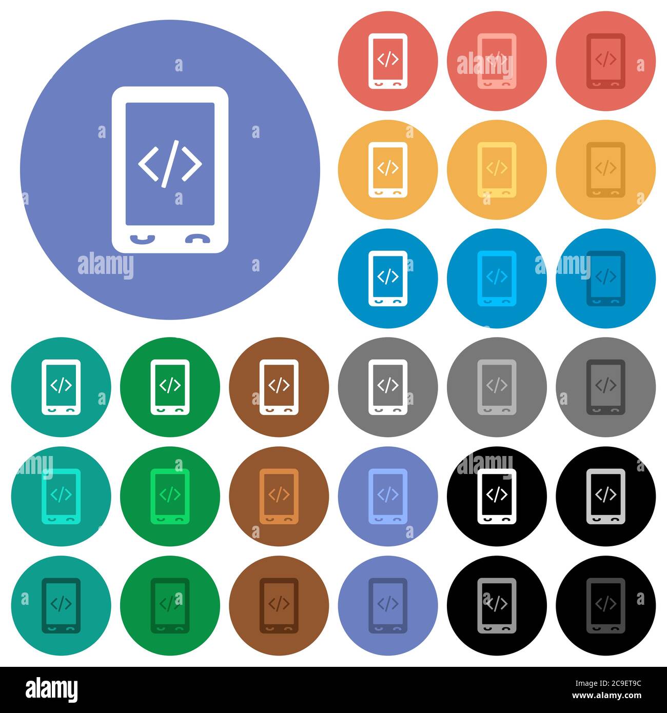 Mobile scripting multi colored flat icons on round backgrounds. Included white, light and dark icon variations for hover and active status effects, an Stock Vector