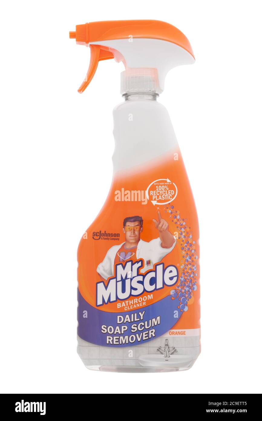 Spray bottle of Mr Muscle daily soap scum remover on white background Stock Photo