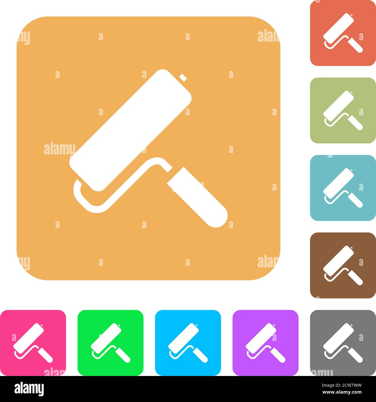 Paint roller flat icons on rounded square vivid color backgrounds. Stock Vector