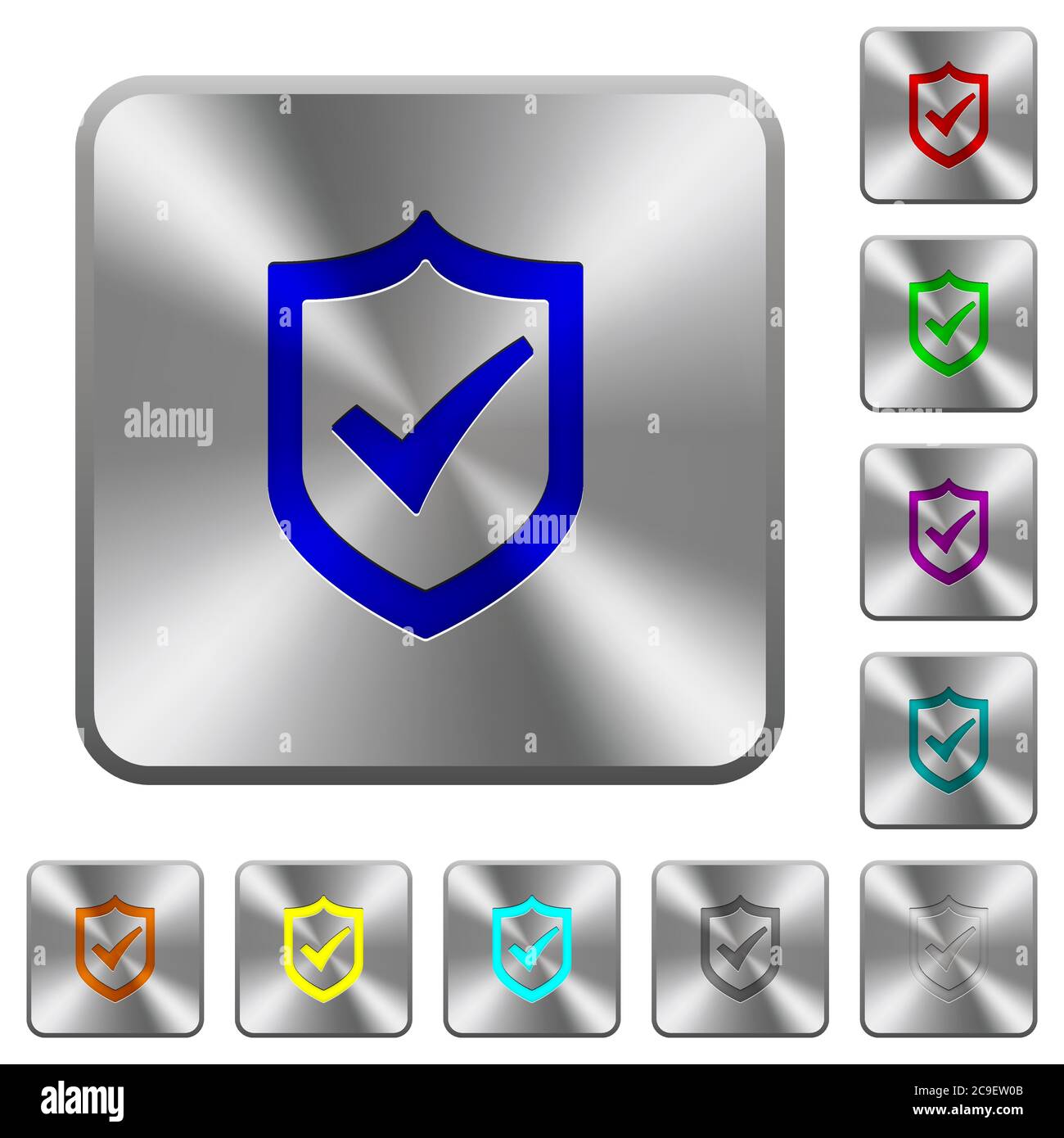 Active shield engraved icons on rounded square glossy steel buttons Stock Vector
