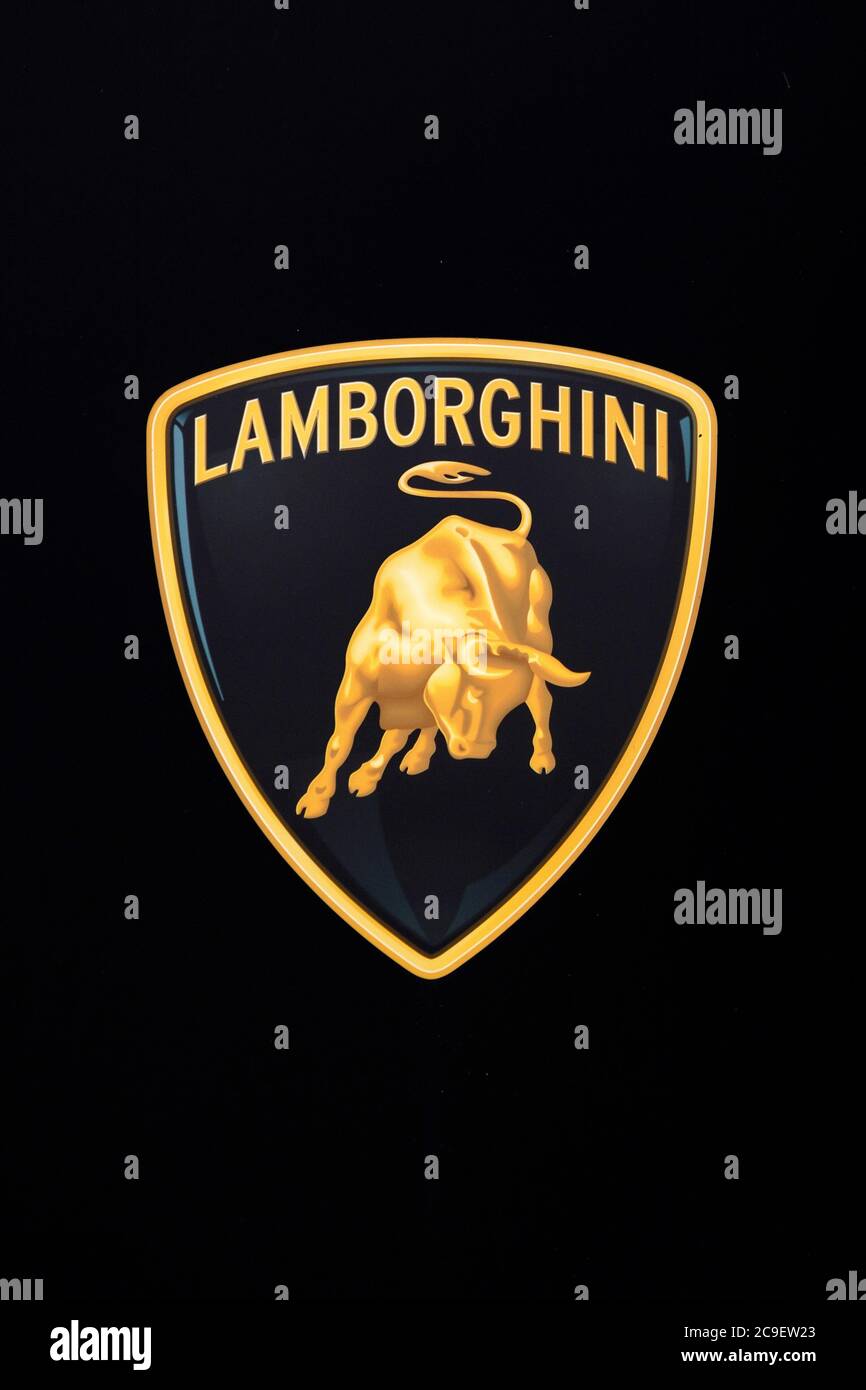 Cologne, Deutschland. 28th July, 2020. The logo of the car manufacturer Lamborghini, which belongs to the Volkswagen Group as part of Audi AG, on the grounds of Motorworld Koln Rheinland. Koln, July 28, 2020 | usage worldwide Credit: dpa/Alamy Live News Stock Photo