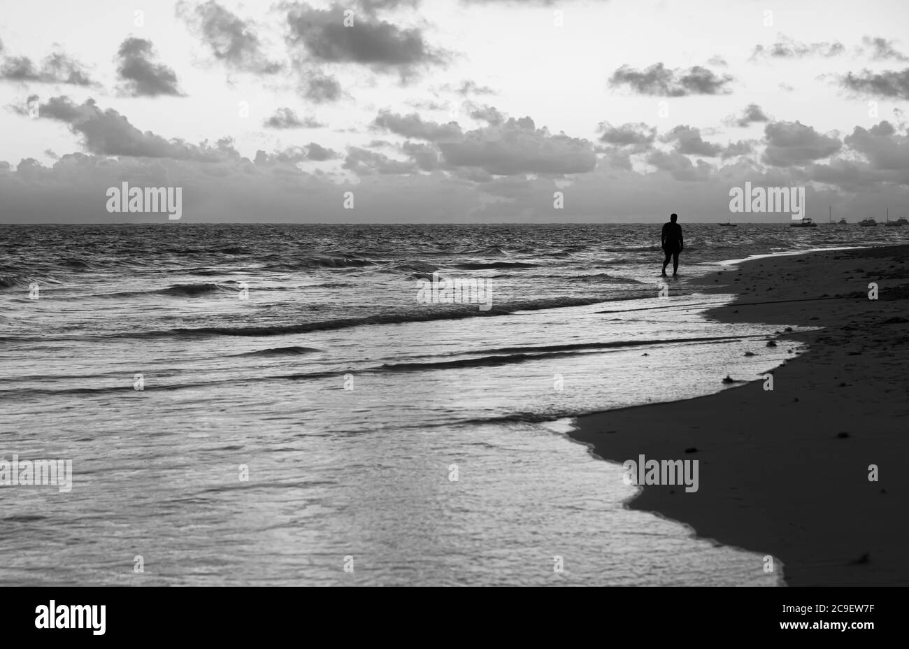Atlantic ocean coast. Morning black and white landscape photo, Dominican republic. Bavaro beach Stock Photo