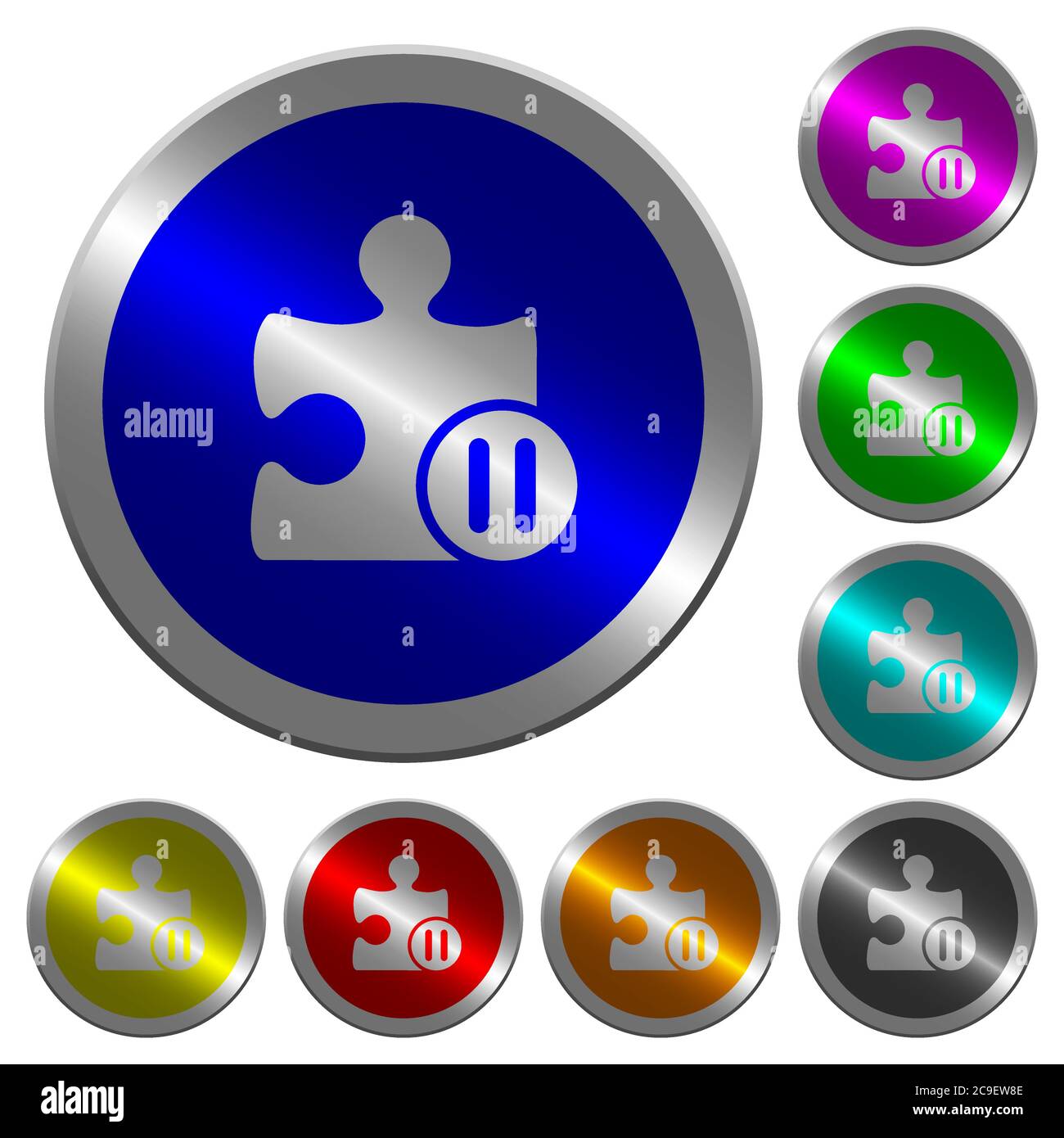 Pause plugin icons on round luminous coin-like color steel buttons Stock Vector