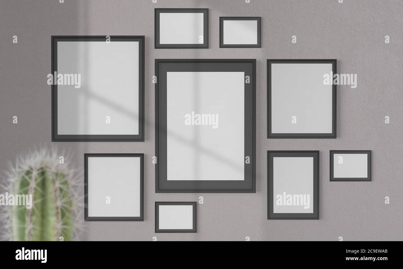 Collage of blank frames on a wall mockup 3d rendering Stock Photo Alamy