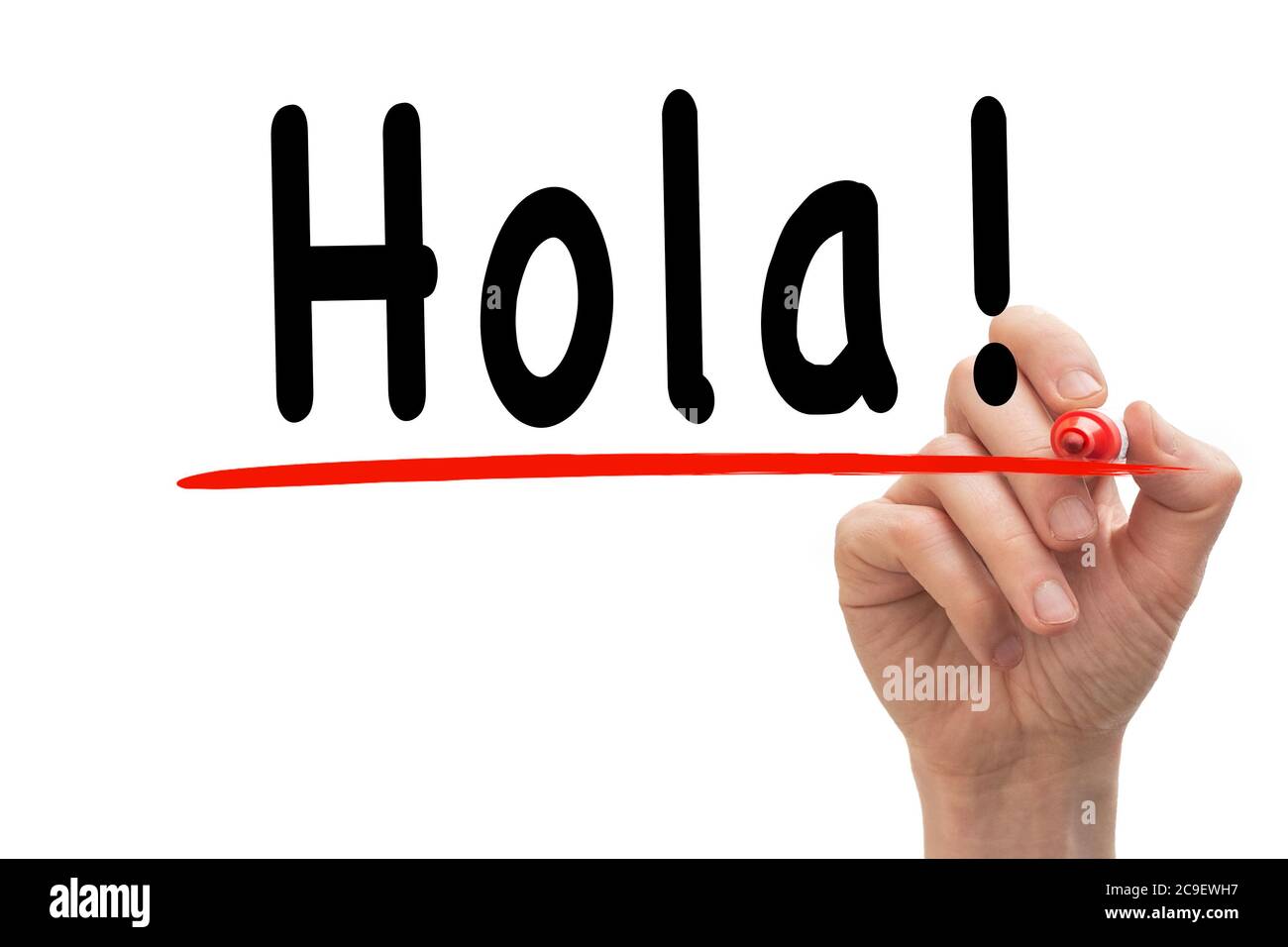 Male hand underlining the Spanish word Hola! Stock Photo