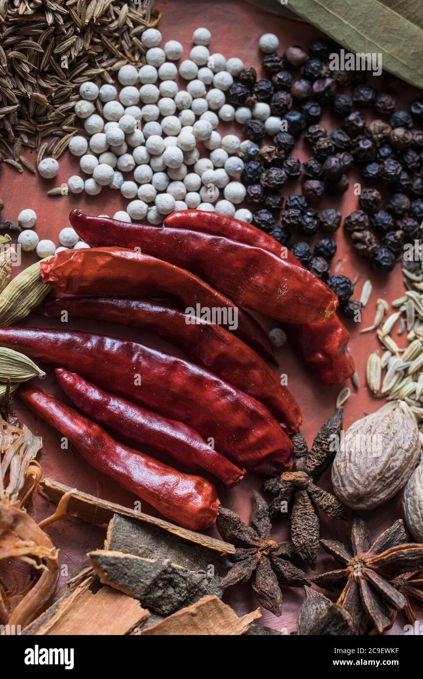 Close-up view of various spices. Stock Photo