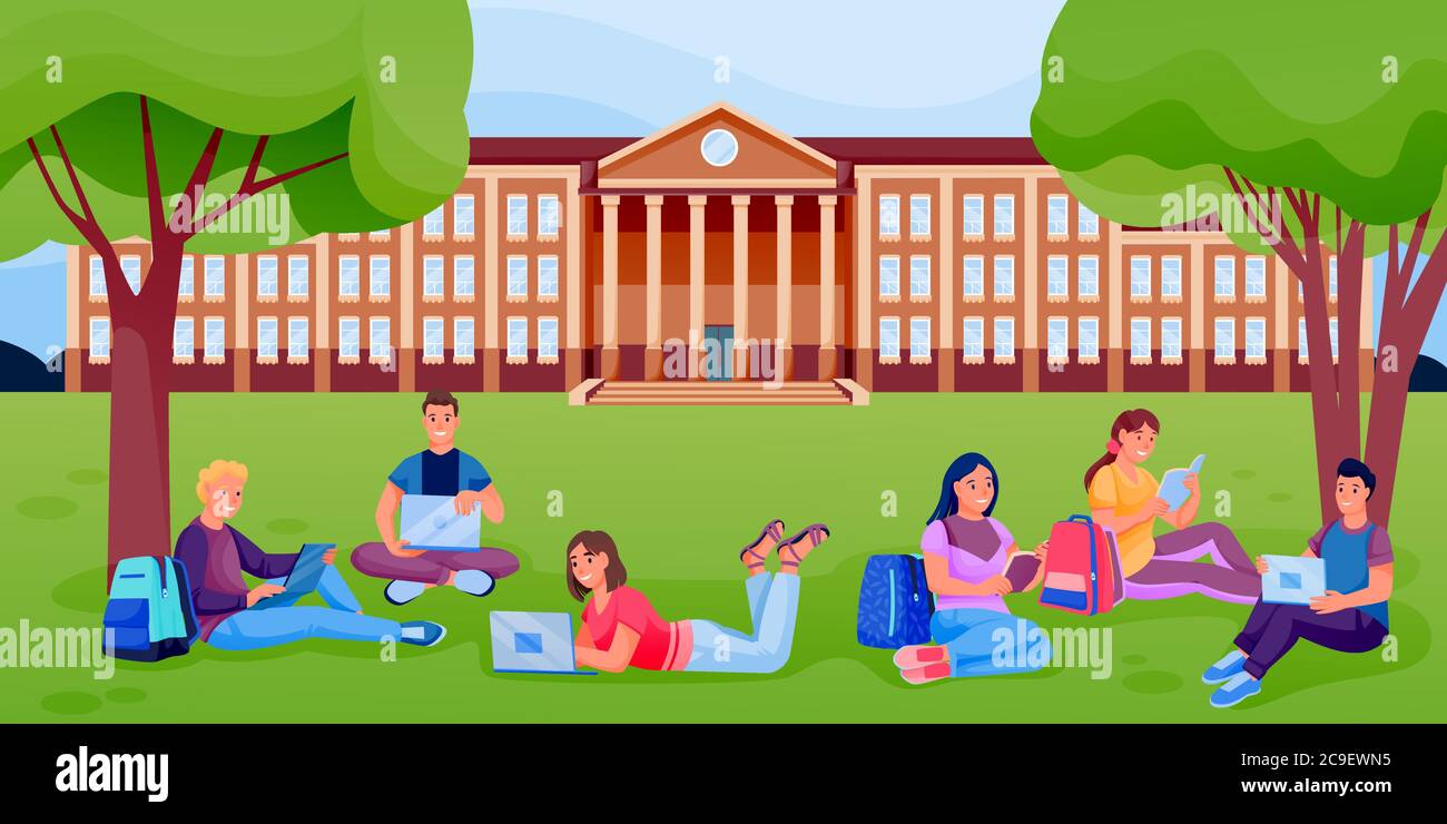 Students with books and laptops sitting on lawn of university college campus. Vector flat cartoon illustration. Pupils learning outdoor Stock Vector