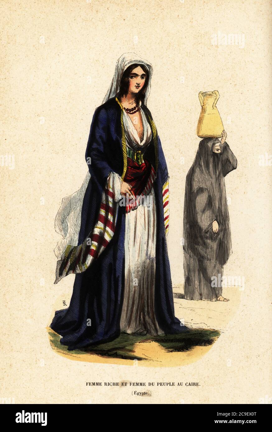 Rich woman and woman of the people, Cairo, Egypt, 19th century. The rich woman has her eyes decorated with khol, wears a wool cap, white chemise, long gold-trimmed yalek (robe) and cashmere or muslin scarf as a belt. The common woman wears a burka and carries an urn on her head. Femme riche et femme du peuple au Caire, Egypte. Handcoloured woodcut by T.S. from Auguste Wahlen's Moeurs, Usages et Costumes de tous les Peuples du Monde, (Manners, Customs and Costumes of all the People of the World) Librairie Historique-Artistique, Brussels, 1845. Stock Photo