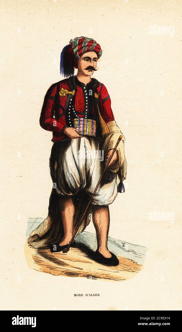 Moorish man in turban, jacket, culottes, holding a cane, Algiers, Algeria. The Moors were descendants of ancient Mauritania and Numidia. More d’Alger. Handcoloured woodcut by T.S. from Auguste Wahlen's Moeurs, Usages et Costumes de tous les Peuples du Monde, (Manners, Customs and Costumes of all the People of the World) Librairie Historique-Artistique, Brussels, 1845. Wahlen was the pseudonym of Jean-Francois-Nicolas Loumyer (1801-1875), a writer and archivist with the Heraldic Department of Belgium. Stock Photo