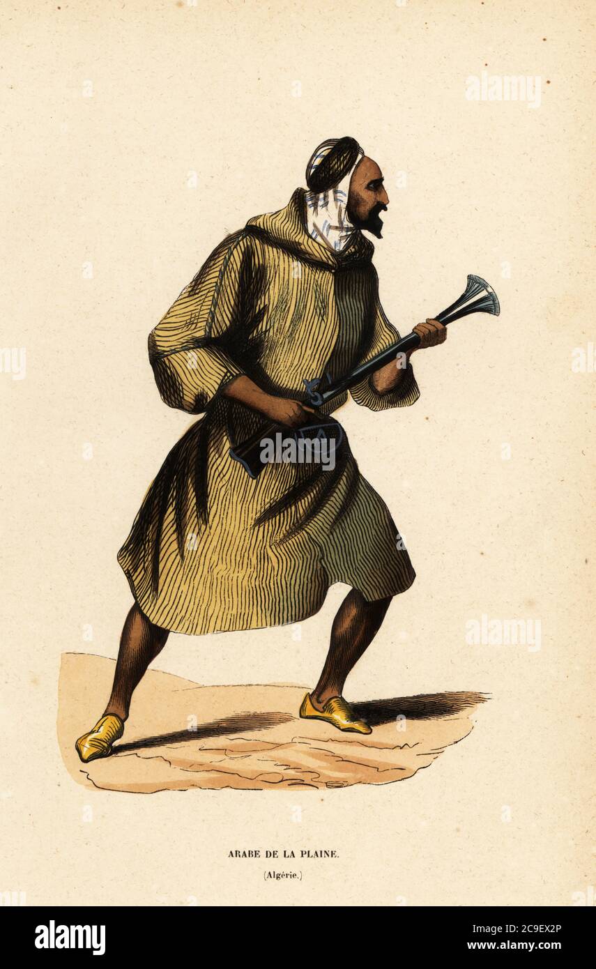 Arab of the plains or Arab Chief of the desert, Algeria. He wears a keffiyeh, short burnous with hood, and holds a blunderbuss. Arabe de la Plaine, Algerie. Handcoloured woodcut from Auguste Wahlen's Moeurs, Usages et Costumes de tous les Peuples du Monde, (Manners, Customs and Costumes of all the People of the World) Librairie Historique-Artistique, Brussels, 1845. Wahlen was the pseudonym of Jean-Francois-Nicolas Loumyer (1801-1875), a writer and archivist with the Heraldic Department of Belgium. Stock Photo