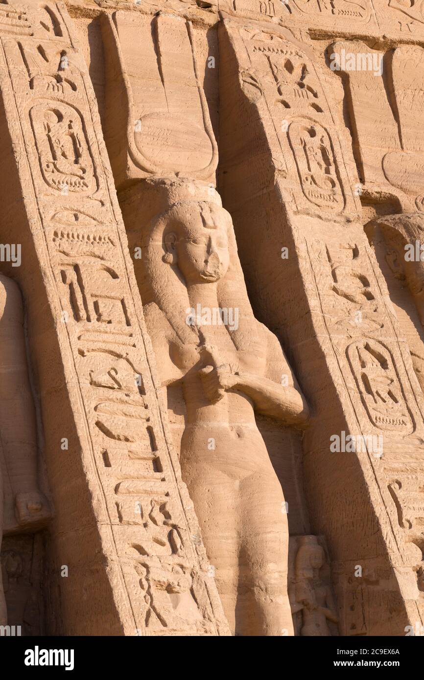 Colossal statue at Hathor temple of queen Nefertari, Abu Simbel, Egypt Stock Photo