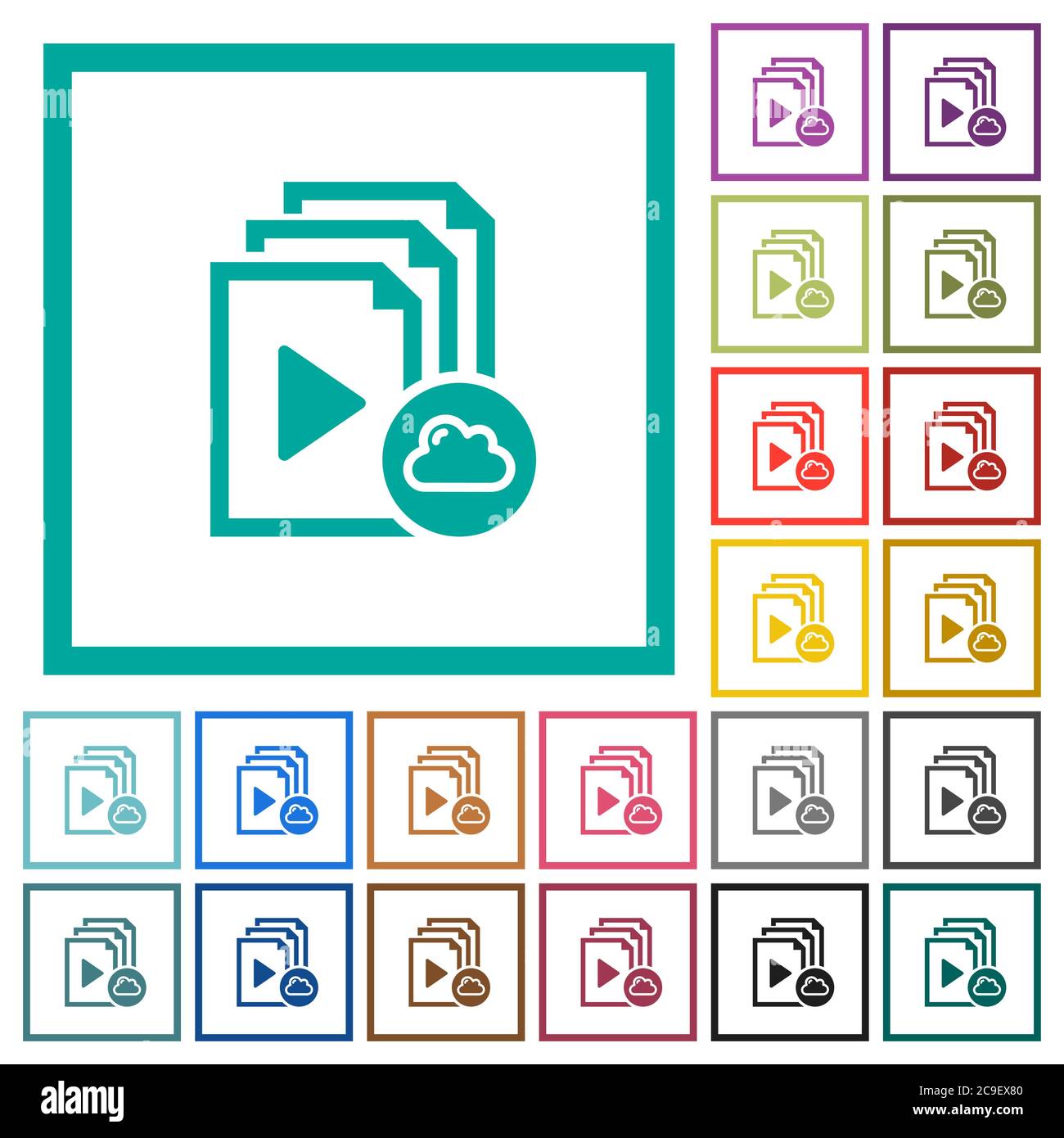 Cloud playlist flat color icons with quadrant frames on white background Stock Vector